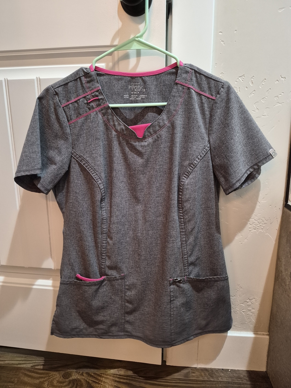 NFINITY Women’s Gray Scrub Top with Pink Trim And Matching Scrub Pants